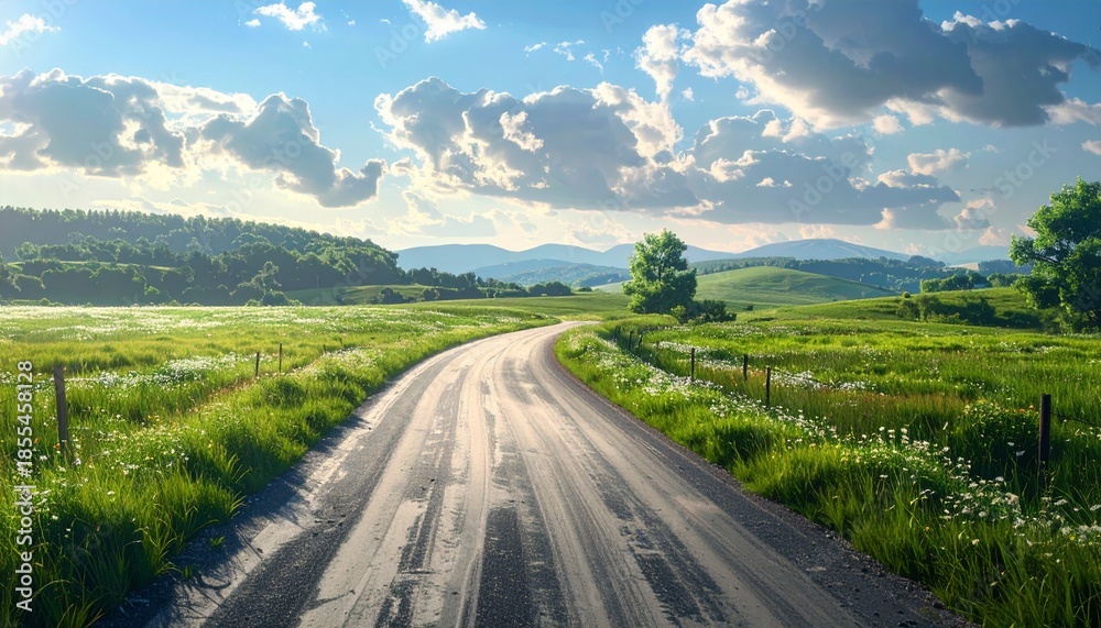 Obraz premium Scenic Country Road Leading Through Lush Green Fields Under a Cloudy Sky.