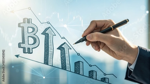 Bitcoin technology icon with upward arrow graph symbolizes growth and innovation in digital currency financial market investment success