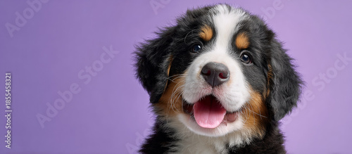 Adorable australian shepherd puppy with a fluffy black, white, and brown coat, bright eyes, and a joyful expression with tongue out against a purple background