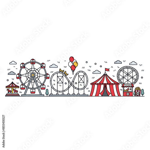 Whimsical Carnival Landscape - Ferris Wheels, Roller Coaster, and Big Top Tent.
