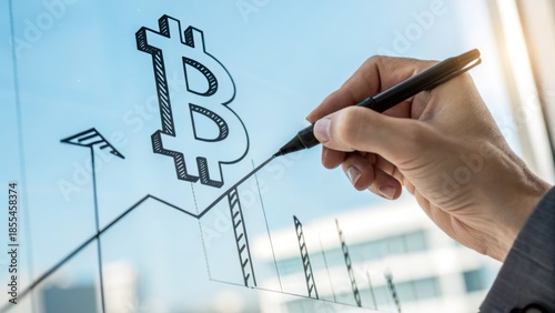 Technology icon hand drawing bitcoin symbol on transparent board with upward graph line showing financial growth and innovation