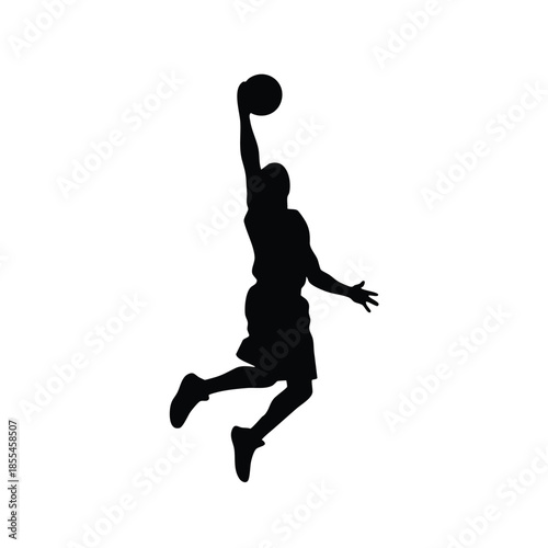 A cartoon silhouette of a man in mid-air, dunking a basketball with a dynamic jump, against a clean white background with a focus on athletic action.