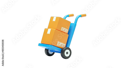 3D Hand truck with two orange boxes on transparent background