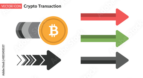 Vector graphic illustrating cryptocurrency transaction and exchange. Includes a Bitcoin coin and multiple directional arrows symbolizing digital finance flow and market movement