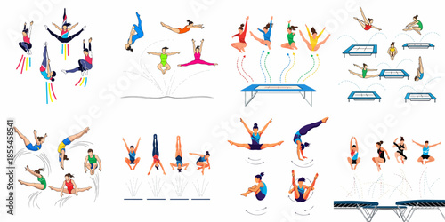 Trampoline and Acrobatic Gymnastics Moves Vector Set: Athletes performing flips, splits, somersaults, and jumps in competitive routines illustration.