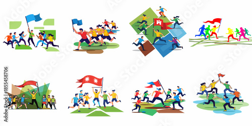 Collection of flat vector illustrations depicting diverse running teams and flag bearers in a relay race or competition, symbolizing teamwork and victory.