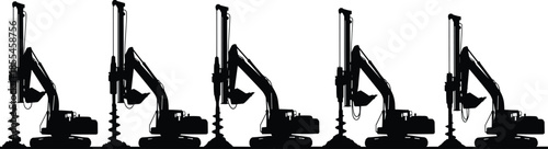 Heavy construction drilling machine silhouettes set, hydraulic pile driver equipment, foundation boring auger,