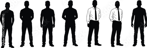 Vector set of standing men silhouettes and outline sketches, male fashion figures in casual and business wear,