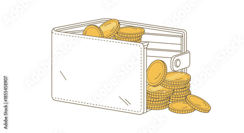 Minimalist Line Art Illustration of an Open Wallet Overflowing with Golden Coins, Symbolizing Financial Abundance and Savings