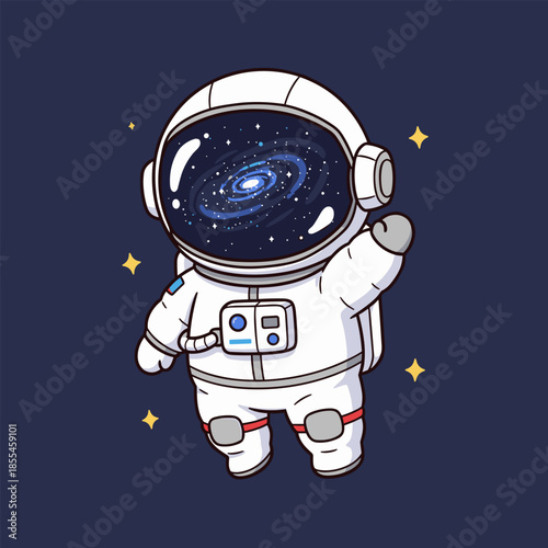 Charming Cartoon Astronaut Waving with Galaxy Reflection in Visor.