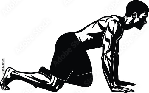 Muscular man crawling on hands and knees in profile view, black and white anatomical pose for fitness or exercise design