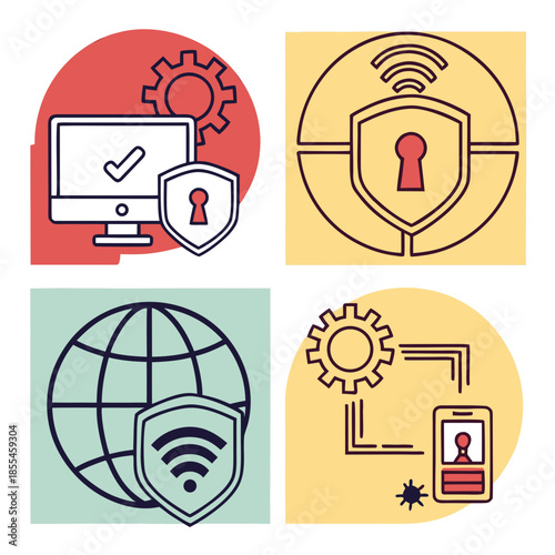 Cyber security icon set. Data and network protection symbols for app, ui, website. Computer technology protection, internet safety, secure cloud access, privacy vector icons. cyber security icon set.