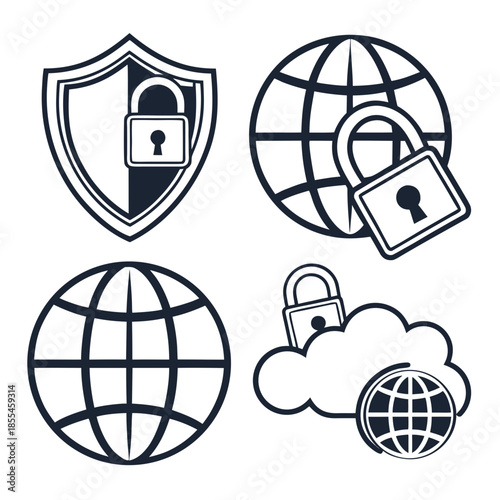 Cyber security icon set. Data and network protection symbols for app, ui, website. Computer technology protection, internet safety, secure cloud access, privacy vector icons. cyber security icon set.