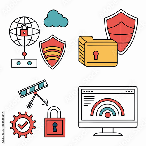 Cyber security icon set. Data and network protection symbols for app, ui, website. Computer technology protection, internet safety, secure cloud access, privacy vector icons. cyber security icon set.