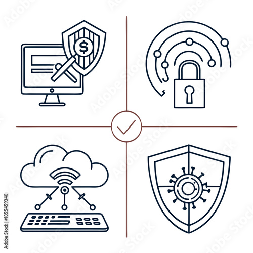Cyber security icon set. Data and network protection symbols for app, ui, website. Computer technology protection, internet safety, secure cloud access, privacy vector icons. cyber security icon set.