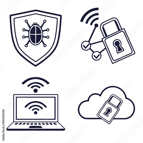 Cyber security icon set. Data and network protection symbols for app, ui, website. Computer technology protection, internet safety, secure cloud access, privacy vector icons. cyber security icon set.