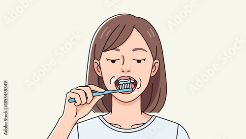 Young woman brushing her teeth with a focused expression in a simple setting