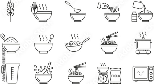 Outline Vector Icon Set Representing Home Cooking Meal Preparation Kitchen Equipment Baking Ingredients and Culinary Healthy Eating Concepts