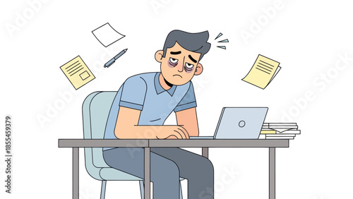 Overwhelmed office worker feeling stressed and exhausted at desk