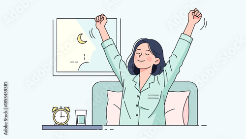 Relaxed woman waking up happy in the morning stretching in bed with morning sun