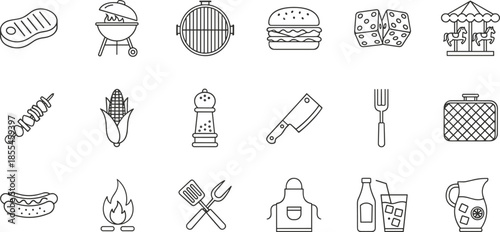 Outline Vector Icon Set Representing Outdoor Grilling Barbecue Cooking Summer Leisure Dining Food Preparation and Picnic Activities Concepts