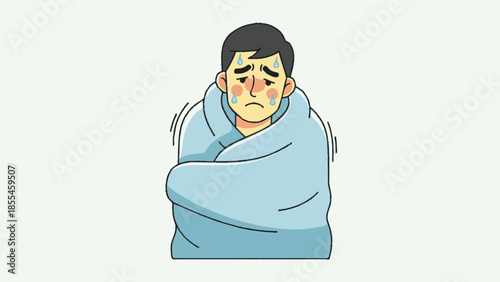 Child Experiencing Cold and Discomfort Wrapped in a Blanket Illustration