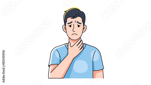 Illustration of a worried young man touching his neck with a concerned