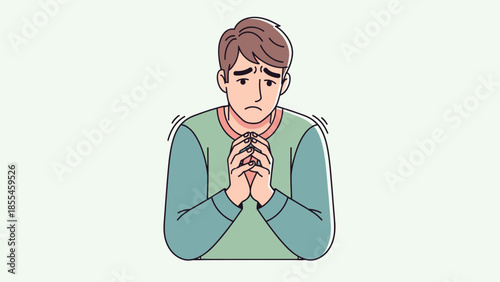 Concerned young man with clasped hands displaying worry and apprehension
