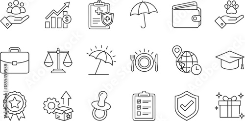 Outline Vector Icon Set Representing Health Insurance Financial Planning Education Career Success Travel Parenting and General Professional Services