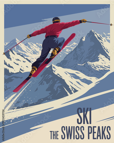 "Retro travel poster illustration of adventurous skier jumping high over snowy Swiss Alps peaks in dynamic winter action."