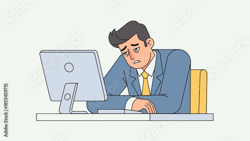 Anxious man experiencing work-related stress and computer fatigue in office