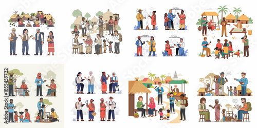 Anthropological Fieldwork: Collection of scenes showing researchers documenting indigenous cultures, interviewing villagers, and studying physical and linguistic diversity globally.