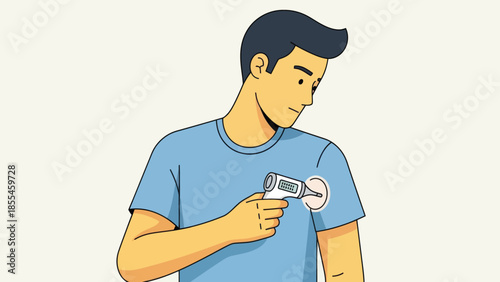 Young man using a handheld thermal scanner for temperature measurement indoors