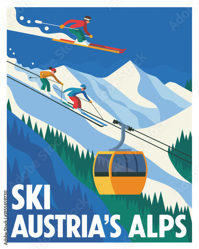 "Retro travel poster illustration of dynamic skiers jumping and riding ski lift in majestic snowy Austrian Alps landscape."