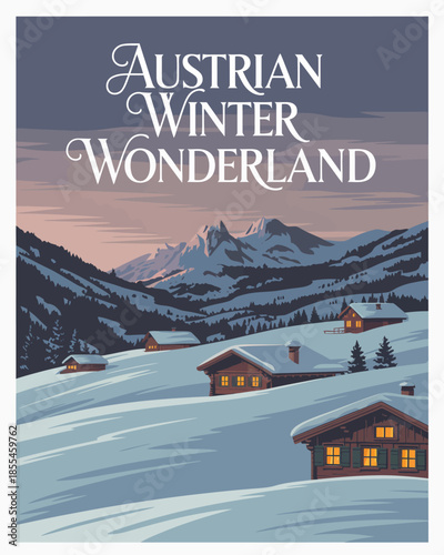 "Retro travel poster illustration of idyllic snow-covered Austrian alpine village with glowing chalets under twilight sky winter wonderland."