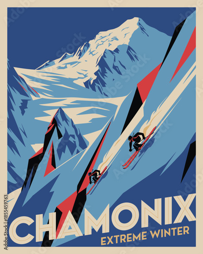 "Retro travel poster illustration of extreme skier descending steep snowy slopes against majestic Mont Blanc in Chamonix French Alps."