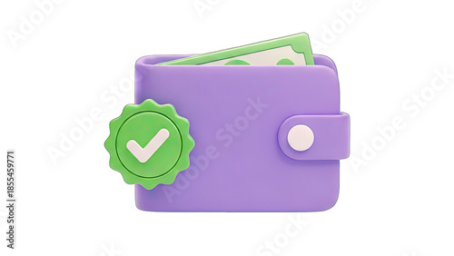 3D Purple wallet with money and a green checkmark badge on transparent background