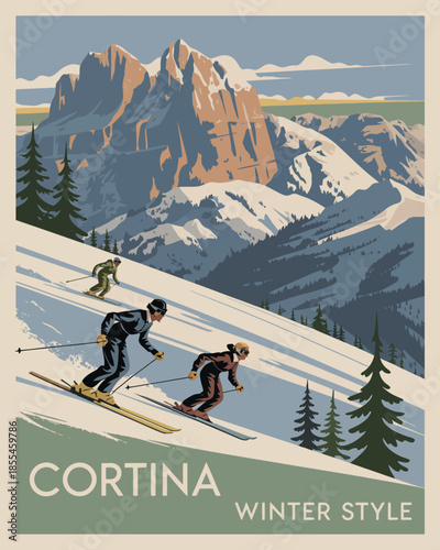 "Retro travel poster illustration of skiers descending snowy slopes with dramatic Dolomites peaks and evergreen trees in Cortina d'Ampezzo Italy."