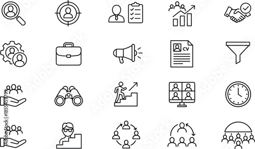 Outline Vector Icon Set Representing Human Resources Recruitment Talent Acquisition Career Development Workforce Management and Professional Hiring Process Concepts