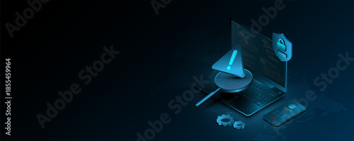 Laptop technology background image, cyber communication network protection concept.