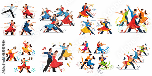 Dynamic collection of colorful couples performing Latin and ballroom dances with vibrant movements and stylish footwear illustrations.