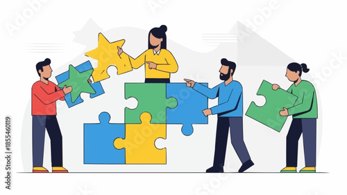 Teamwork assembling a large puzzle with a star piece.