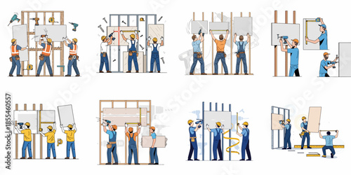 Drywall installation process vector illustration set: Builders measuring, mounting gypsum boards, and fastening them to wall frames using electric drills.