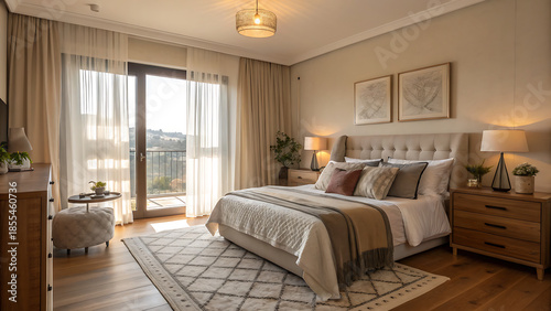 Cozy bedroom with a large bed, wooden furniture, and a scenic view outside