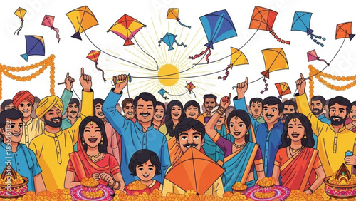 Vibrant indian crowd celebrates makar sankranti with colorful kites and traditional sweets
