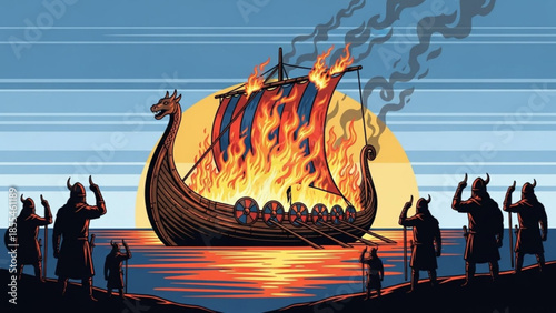 Viking ship on fire with warriors waving goodbye at sunset