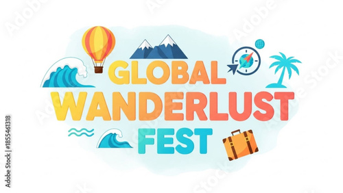 Vibrant global wanderlust fest logo with travel icons and colorful text