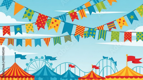 Colorful carnival scene with festive bunting flags and rides on a sunny day