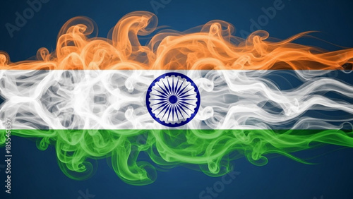 Indian flag made of smoke on a dark blue background, symbolizing freedom and independence