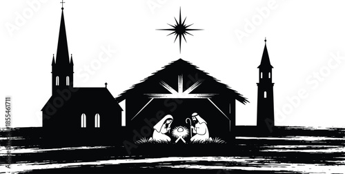 Nativity scene silhouette vector with baby Jesus, Mary, Joseph, star of Bethlehem, and churches in black and white